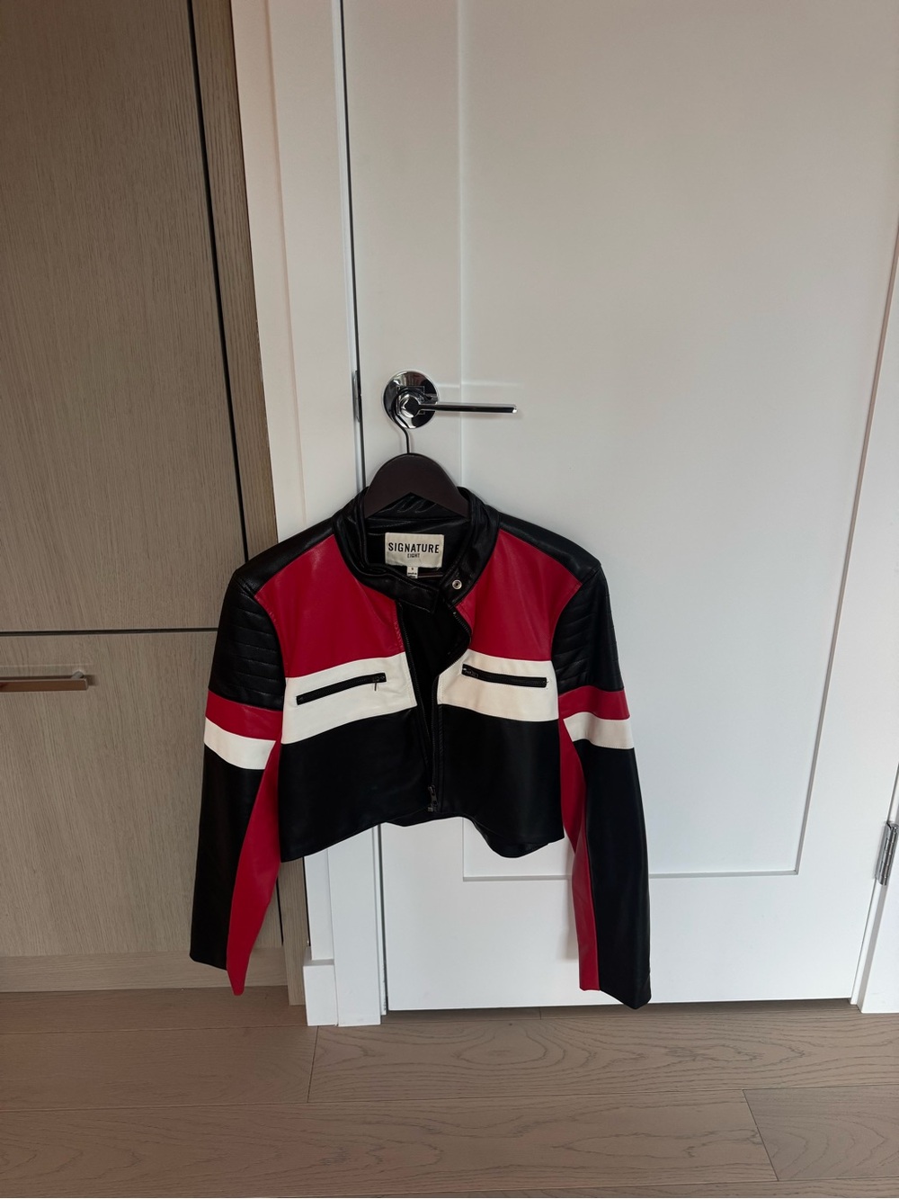 Signature Red, Black & White Colorblock Cropped Leather Jacket